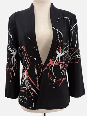Misook Embroidered Knit Jacket Blazer Black Persimmon White Petite XS Open Front
